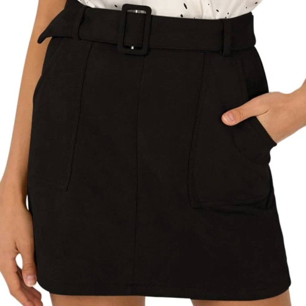 Faux Suede A-Line Skirt Pockets Belt Stretch Solid Black Size L, NiMin